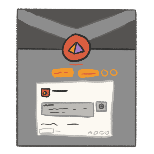 a digitally drawn emoji of a Tumblr blog. it has a gray background with an orange and purple pyramid default icon. there is an answered anon ask on the blog. there are no readable words, with all text being replaced by scribbles.